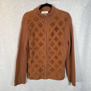 Lisa International Suede Leather zip Up Jacket Womens L Knit Sweater